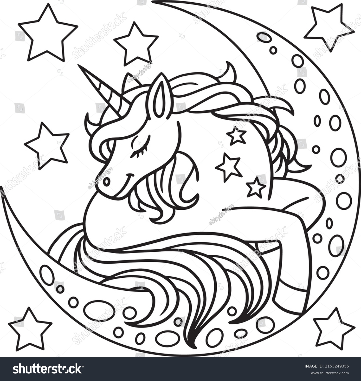 Unicorn Sleeping On Moon Coloring Page Stock Vector (Royalty Free ...