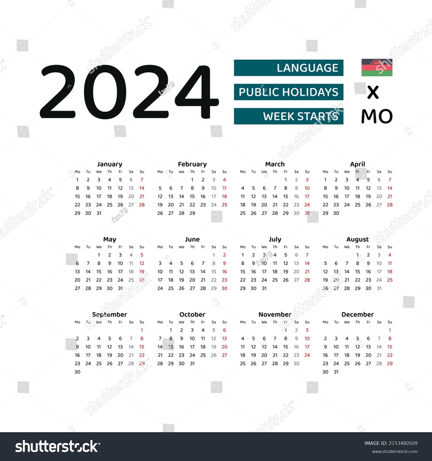 Malawi Calendar 2024 Week Starts Monday Stock Vector (Royalty Free