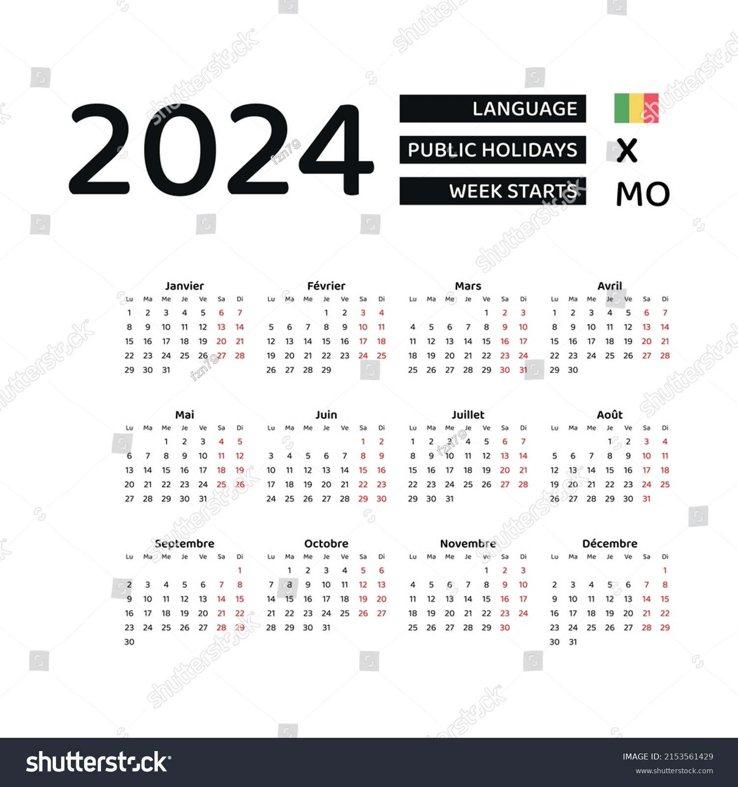 Mali Calendrier 2024 La Semaine Commence Image Vectorielle De Stock   Stock Vector Mali Calendar Week Starts From Monday Vector Graphic Design French Language 2153561429 