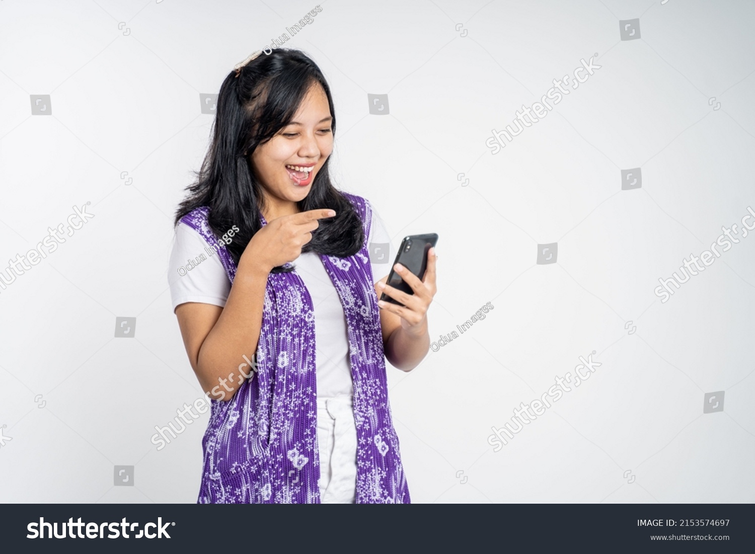 Excited Asian Woman Laugh Finger Pointing Stock Photo 2153574697 ...