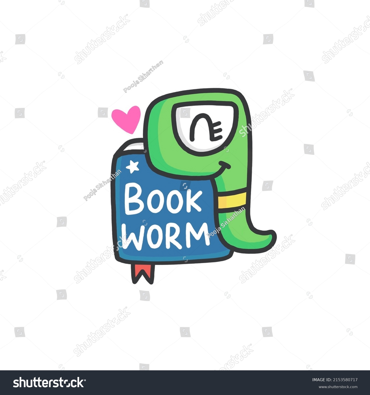 Cute Cartoon Bookworm Doodle Illustration Stock Illustration 2153580717 