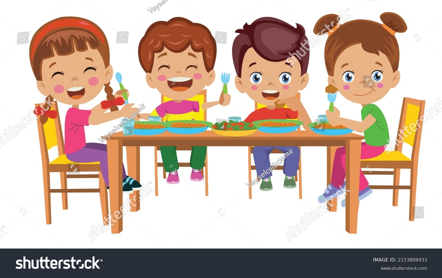 Cute Kids Eating Dinner Table Stock Vector (Royalty Free) 2153808433 ...