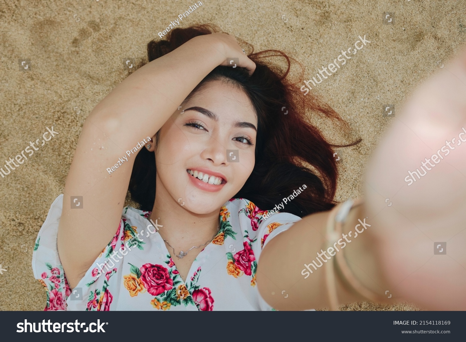 Close Top View Smiling Woman Lying Stock Photo 2154118169 Shutterstock