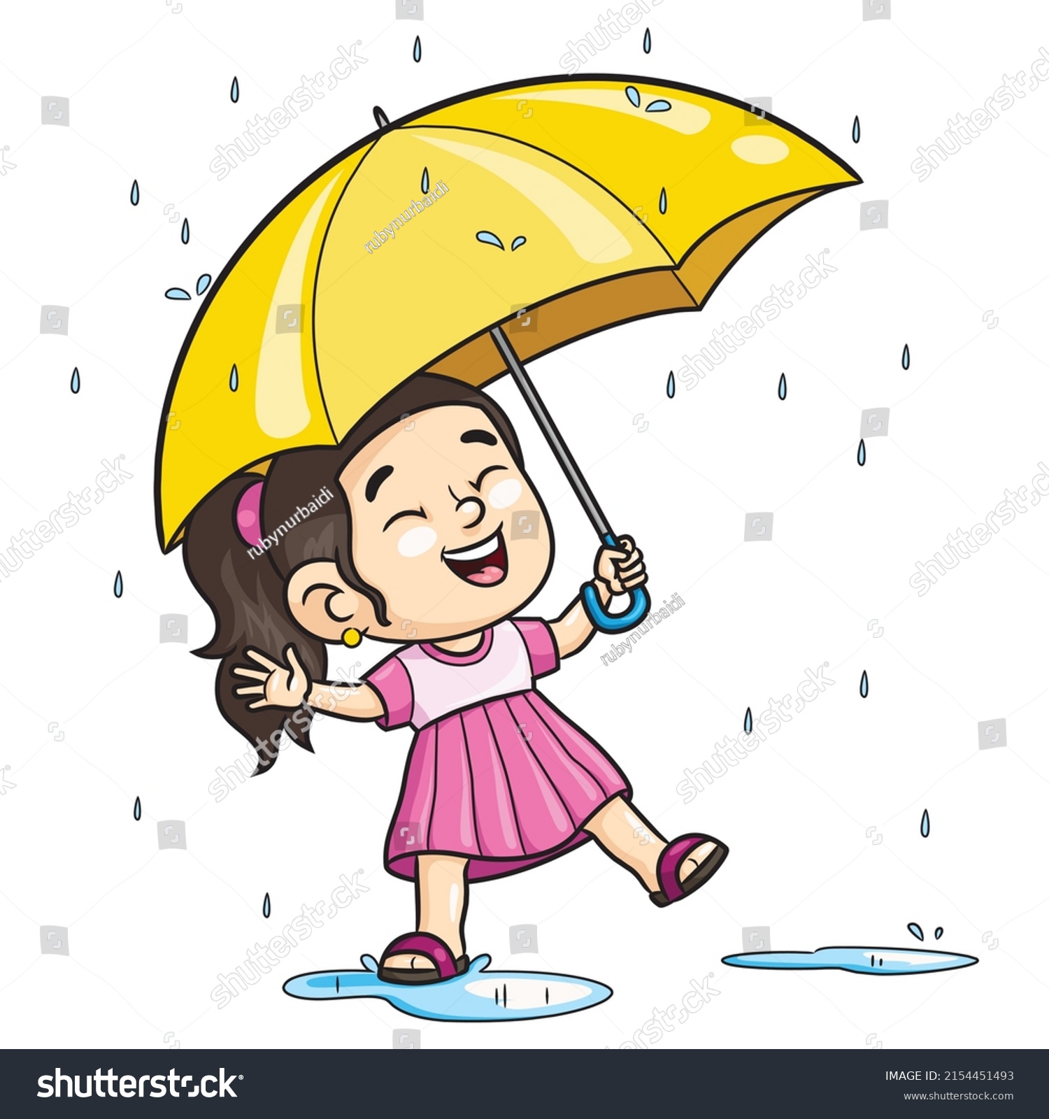 Illustration Cute Cartoon Girl Wearing Umbrella Stock Vector (Royalty ...