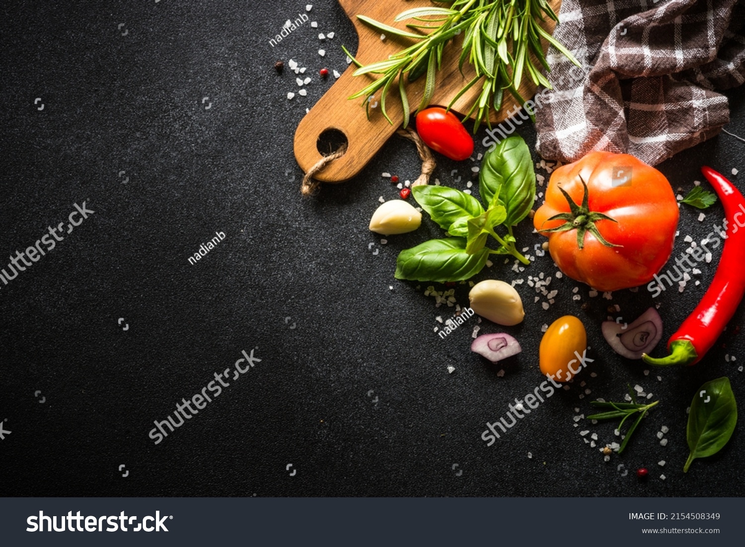 Food Cooking Background On Black Stone Stock Photo 2154508349 ...