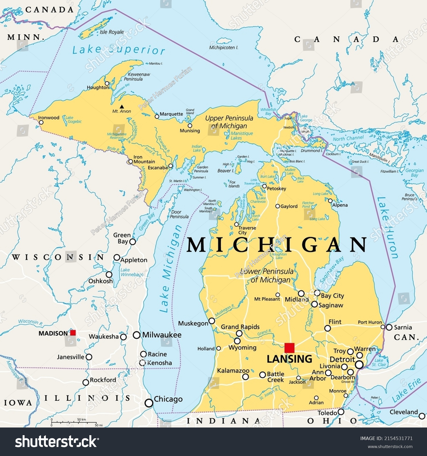 Michigan Mi Political Map Capital Lansing Stock Vector (Royalty Free ...