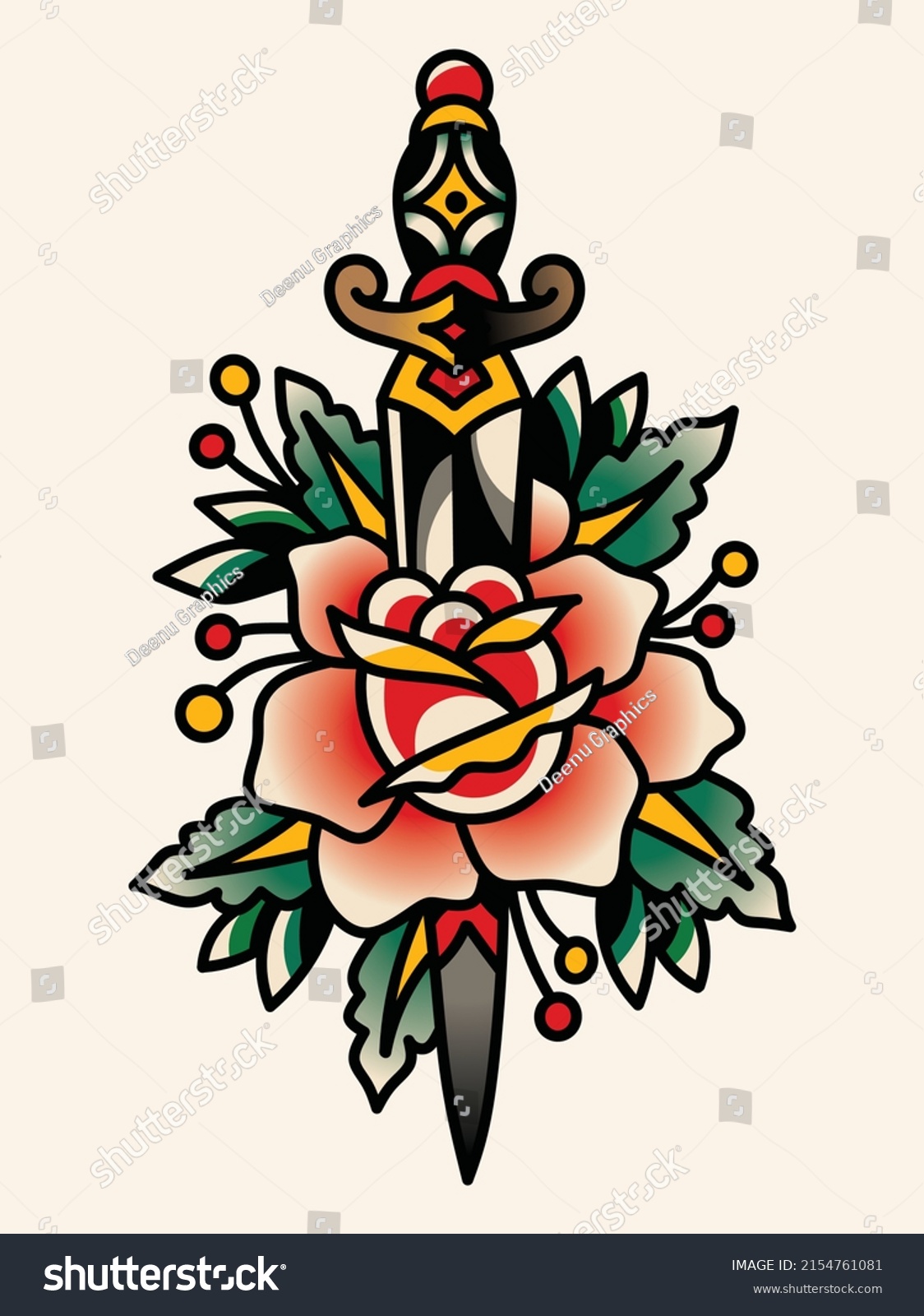 Traditional Tattoo Flash Rose Knife Vector Stock Vector (Royalty Free ...