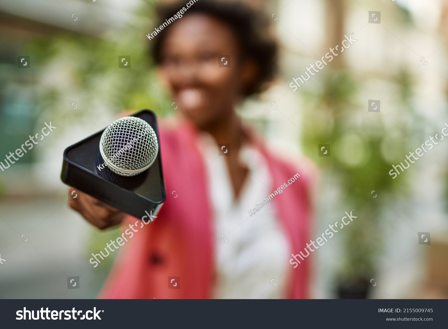 Young African American Woman Journalist Pointing Stock Photo 2155009745 ...