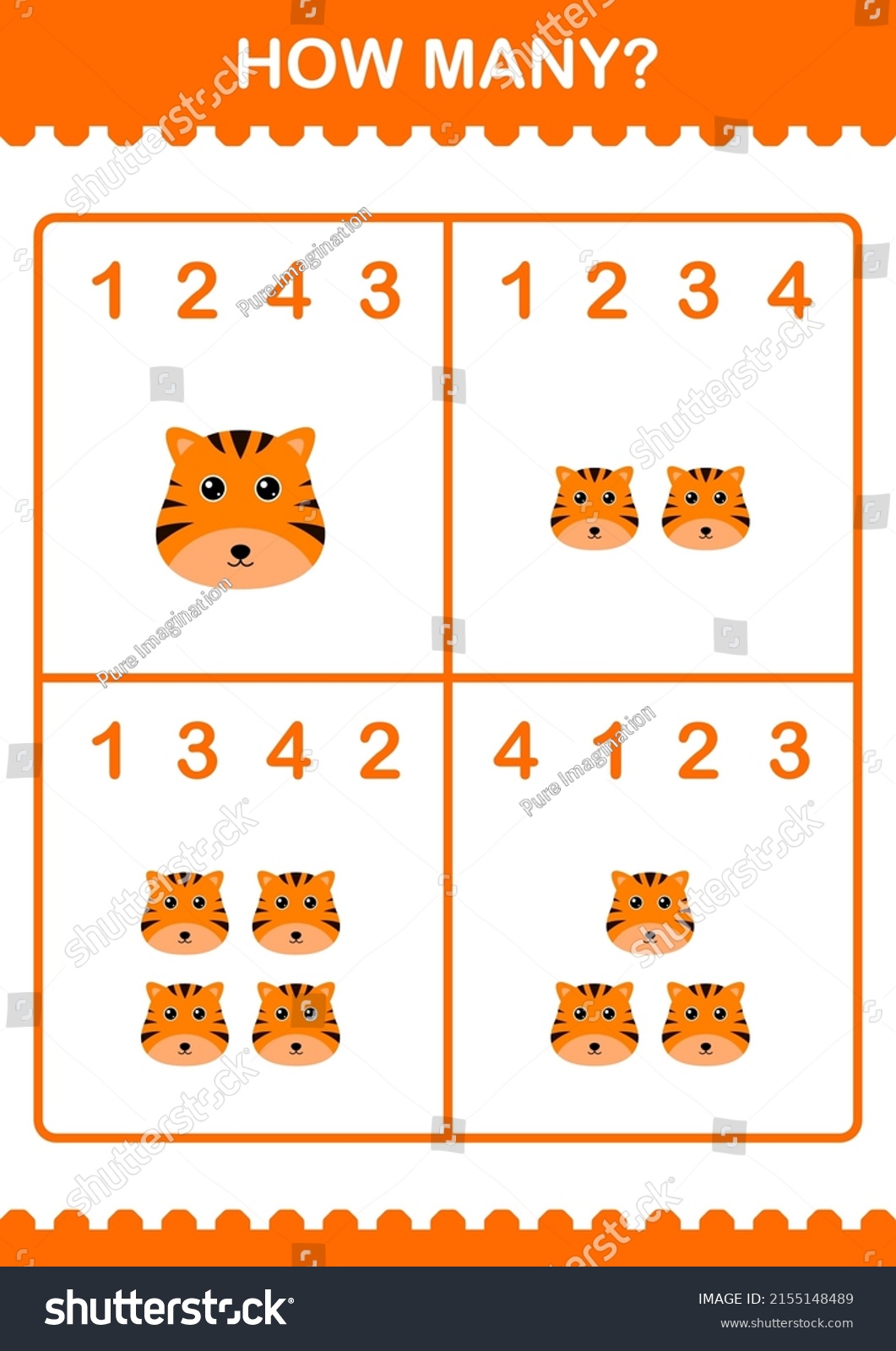 How Many Tiger Face Worksheet Kids Stock Vector (Royalty Free ...