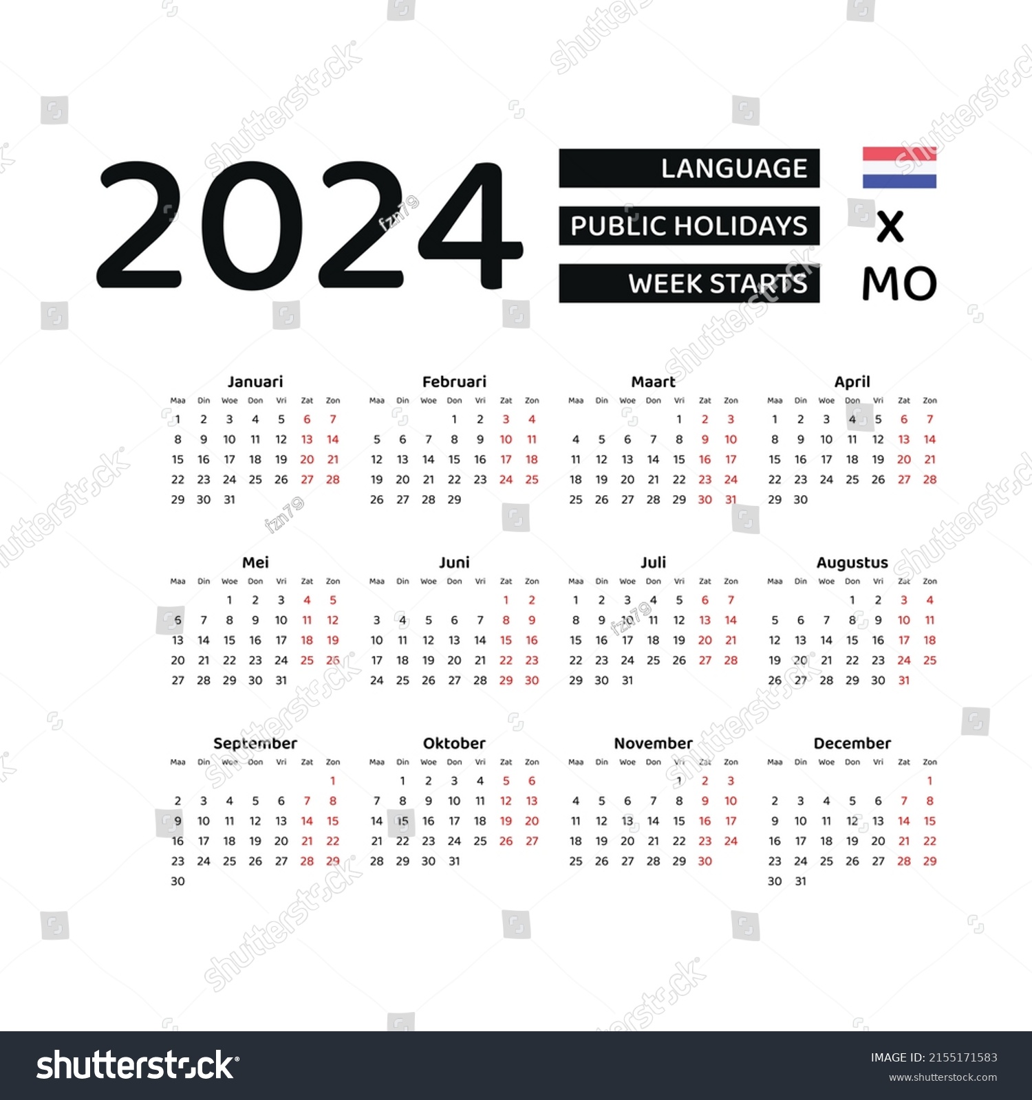 Netherlands Calendar 2024 Week Starts Monday Stock Vector (Royalty Free