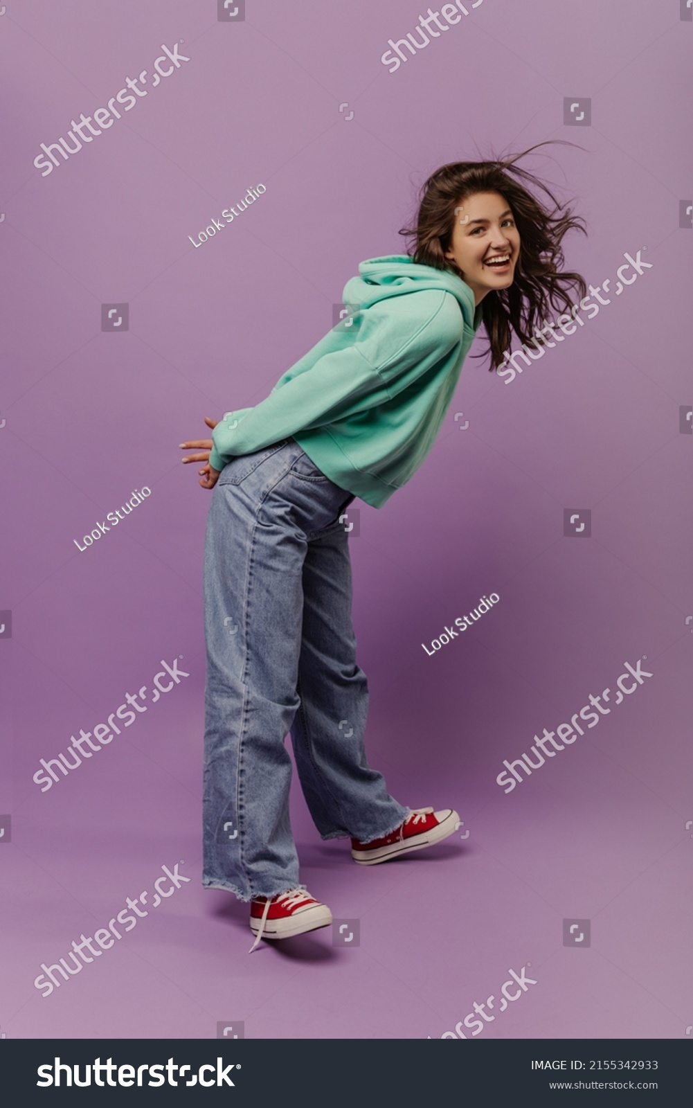 Full Length Young Caucasian Girl Leans Stock Photo 2155342933