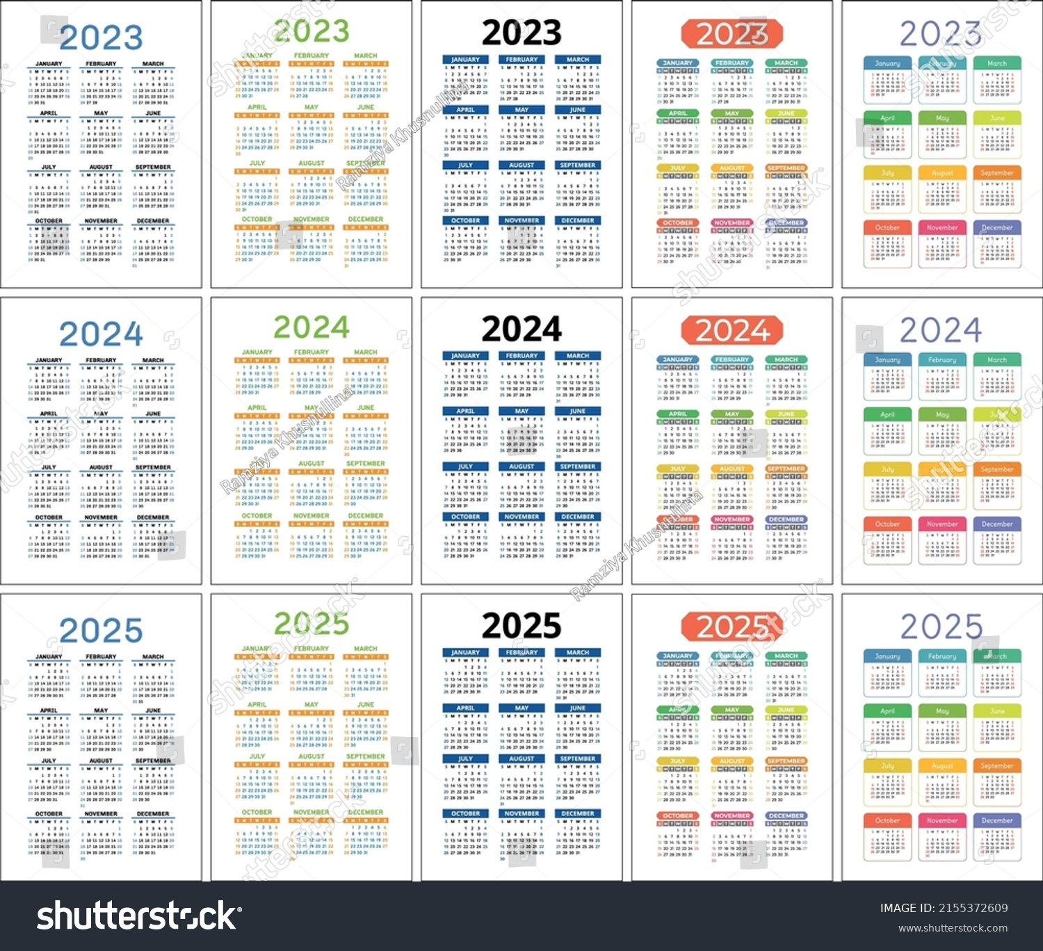 2023, 2024 및 2025 달력 세트 스톡 벡터(로열티 프리) 2155372609 | Shutterstock