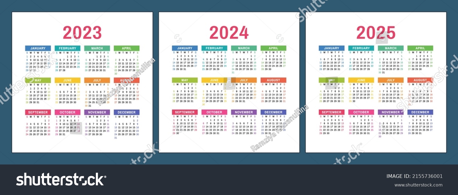 2023, 2024 및 2025년 달력 사각형 스톡 벡터(로열티 프리) 2155736001 | Shutterstock