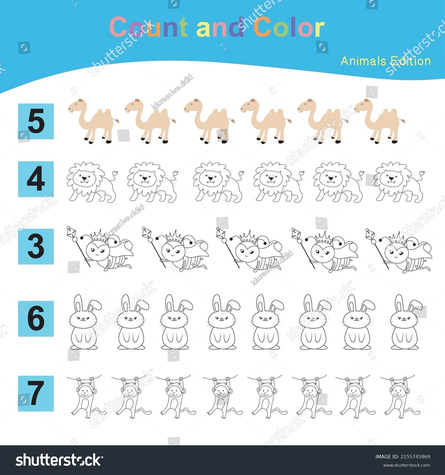 Vektor Stok Count Color Worksheet Children Educational Printable Tanpa