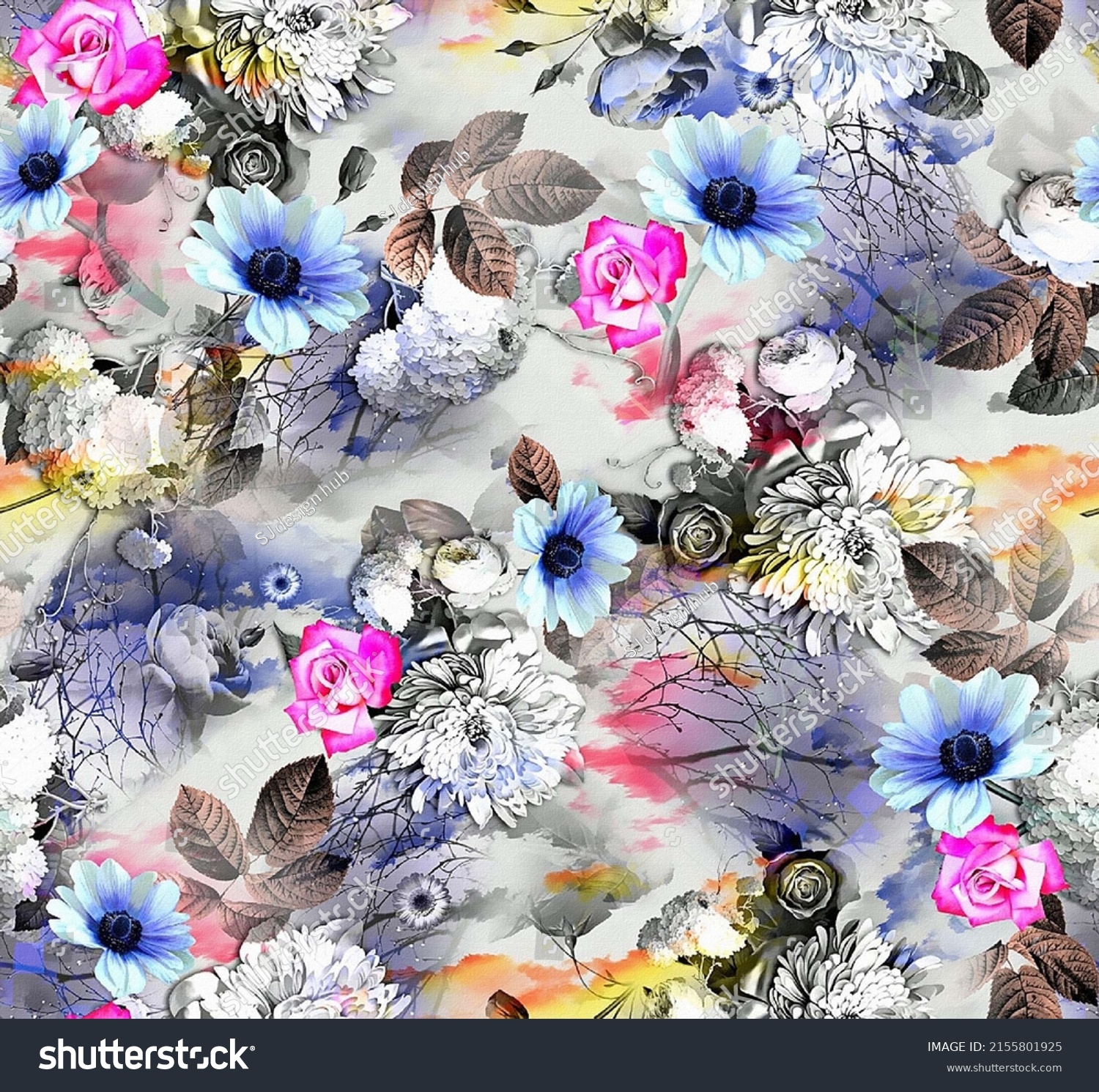 Exotic Flowers Allover Composition Multicolor Pattern Stock ...