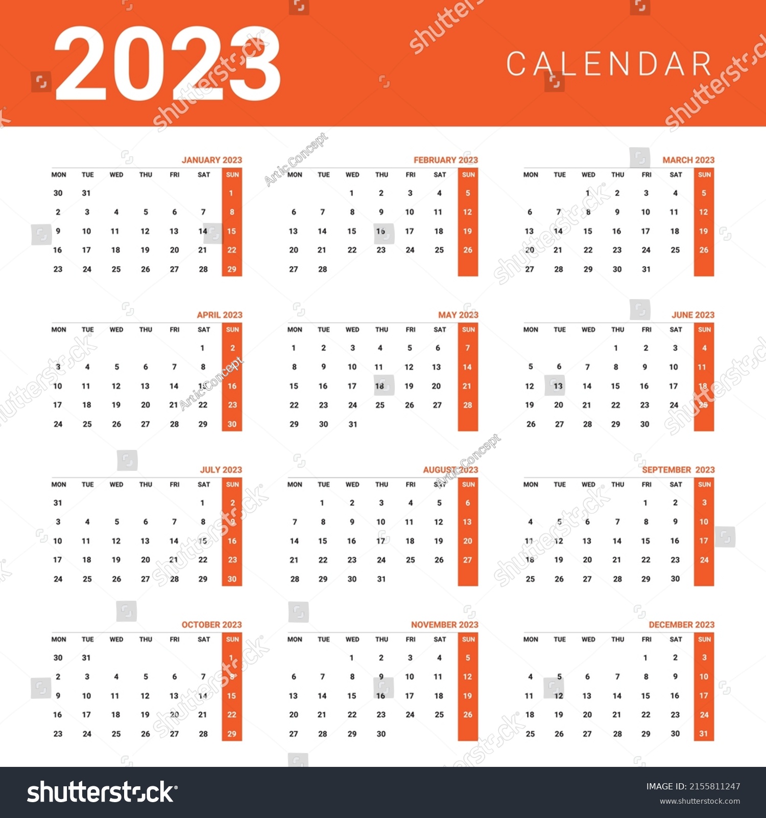 2023 Year Calendar Template Week Start Stock Vector (Royalty Free ...