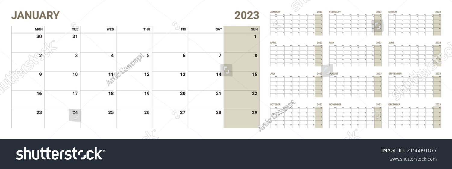 2023 Year Calendar Template Week Start Stock Vector (Royalty Free