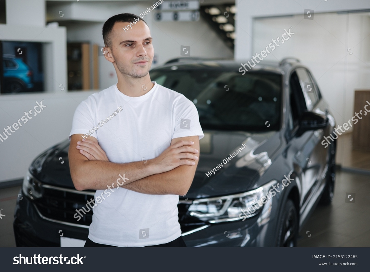 Portrait Handsome Man Standing By Car Stock Photo 2156122465 | Shutterstock