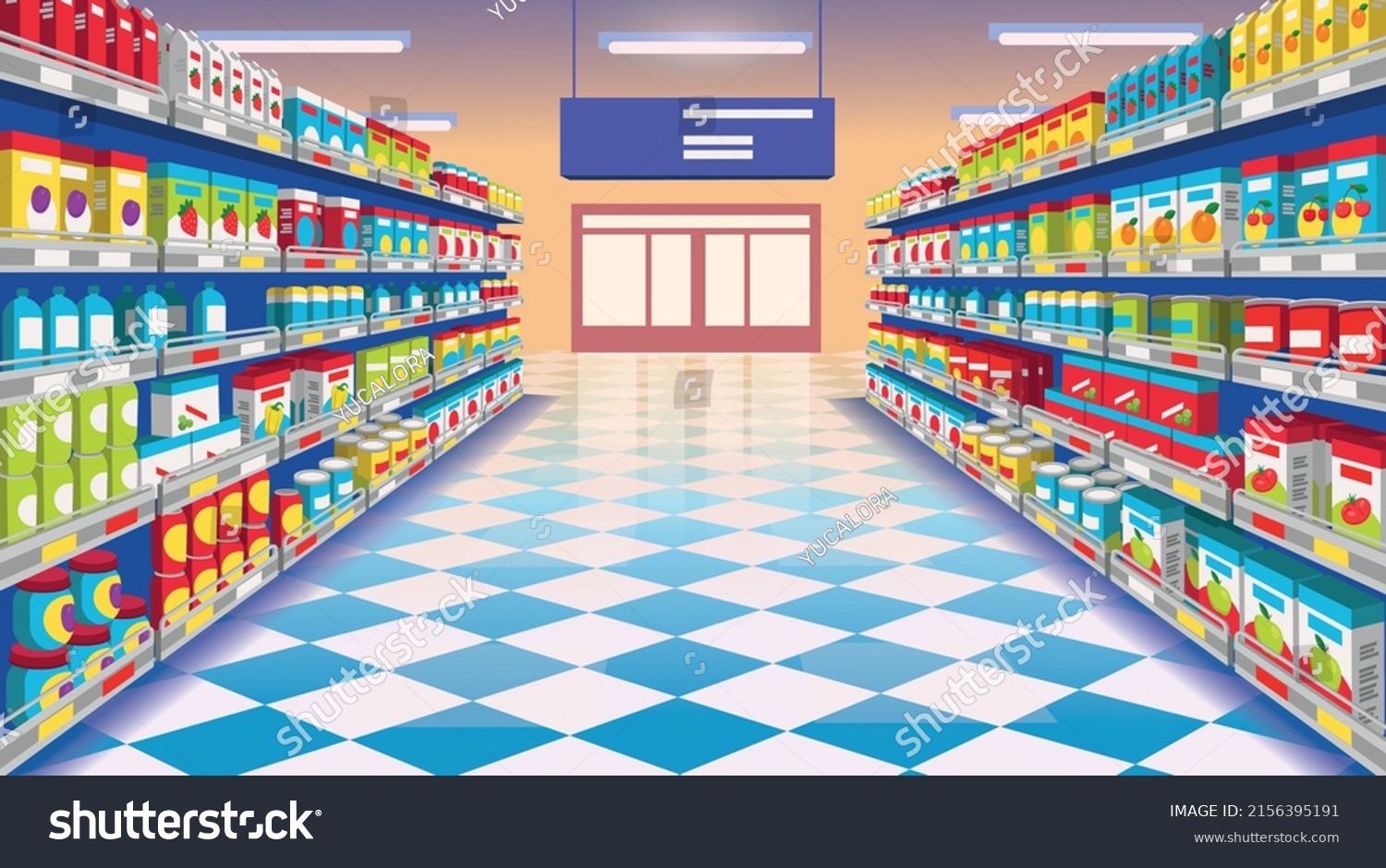Perspective View Supermarket Aisle Supermarket Colorful Stock Vector Royalty Free