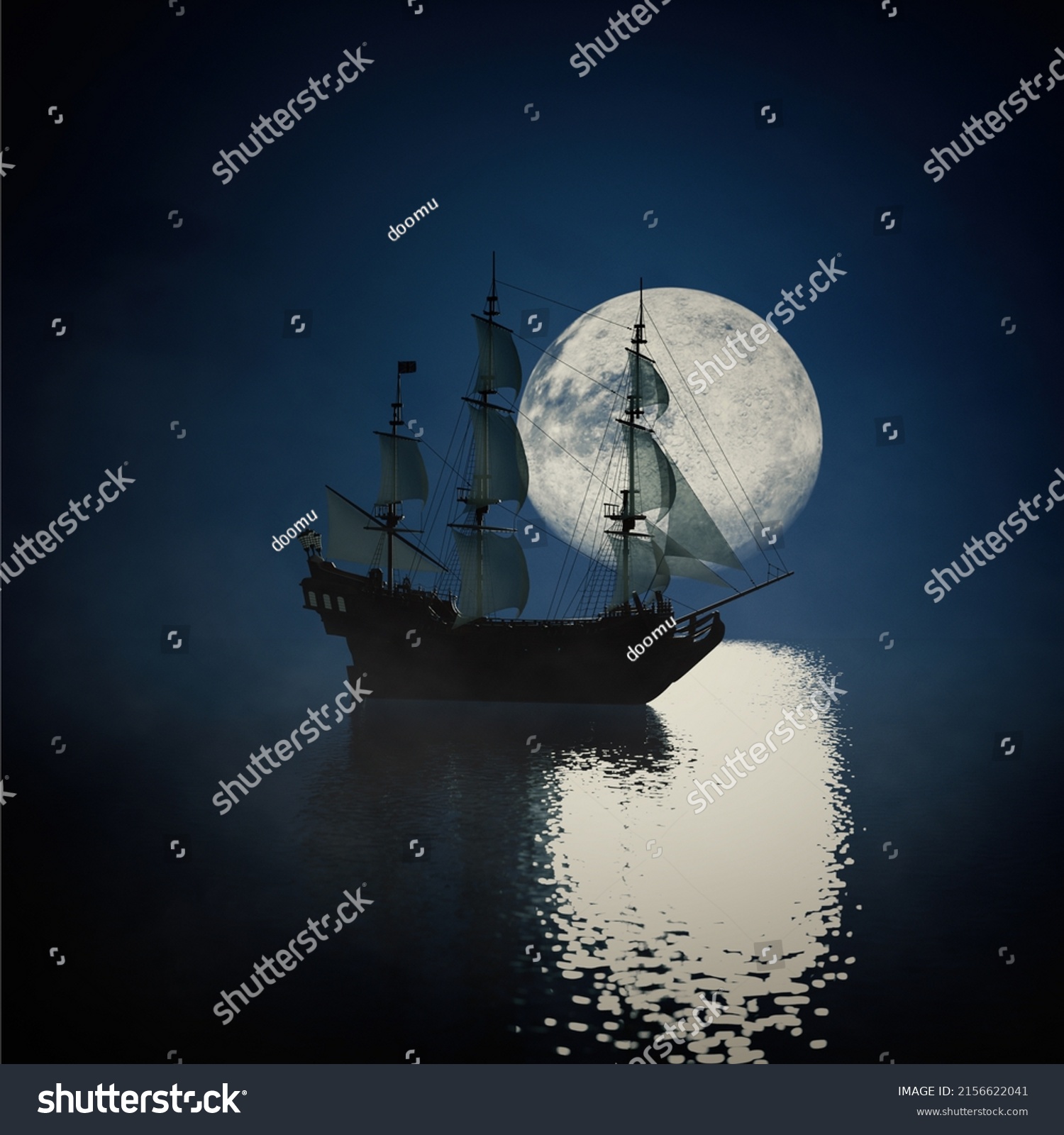 Old Pirate Ship Sea Full Moon Stock Illustration 2156622041 | Shutterstock