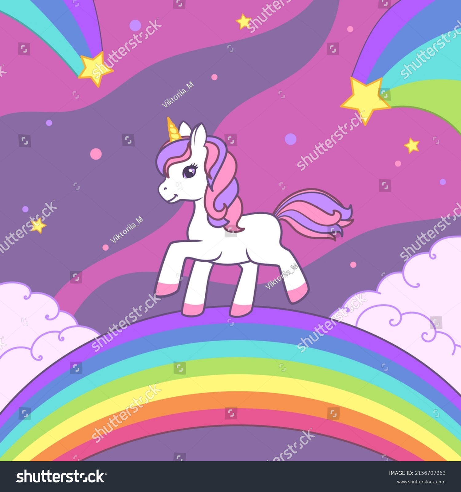 Cute Little Unicorn Walking On Rainbow Stock Vector (Royalty Free ...