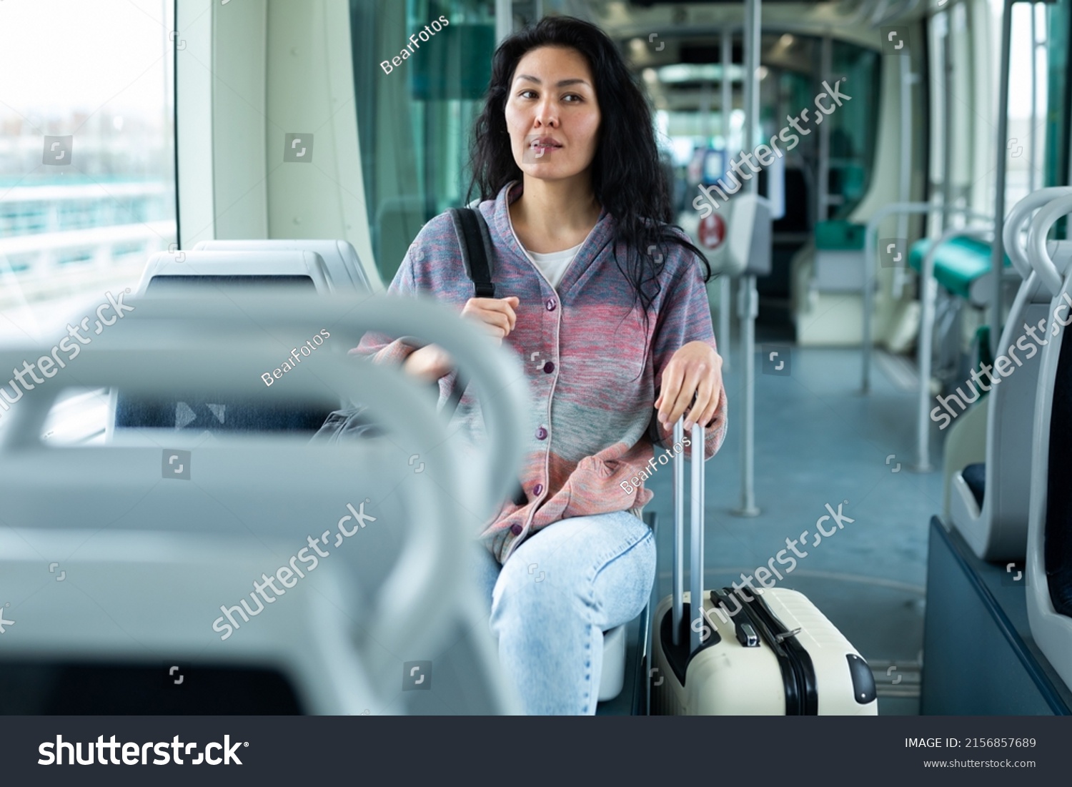 Positive Female Passenger Using Public Transport Stock Photo 2156857689 ...