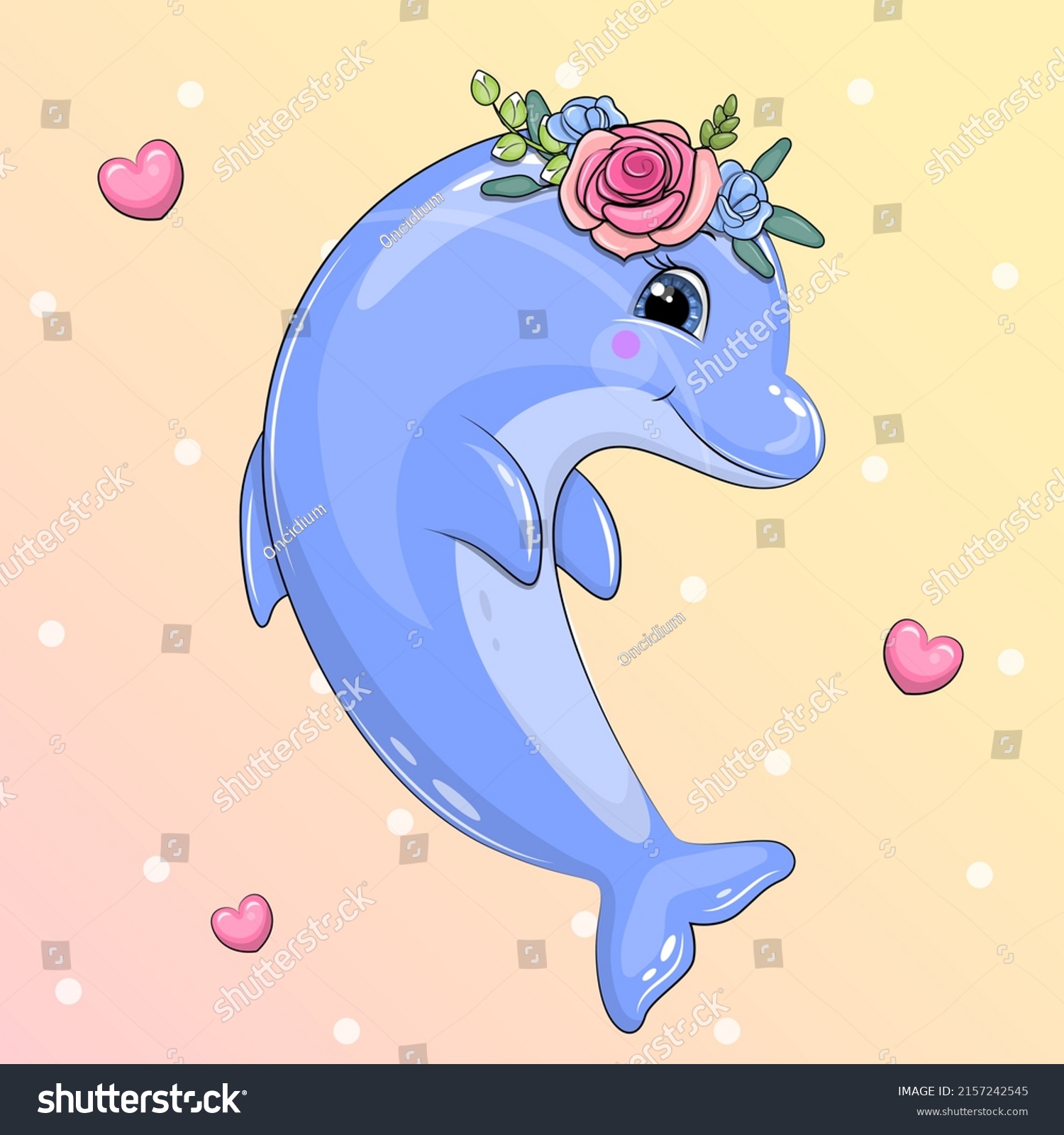 Cute Cartoon Dolphin Rose Hearts Vector Stock Vector (Royalty Free ...