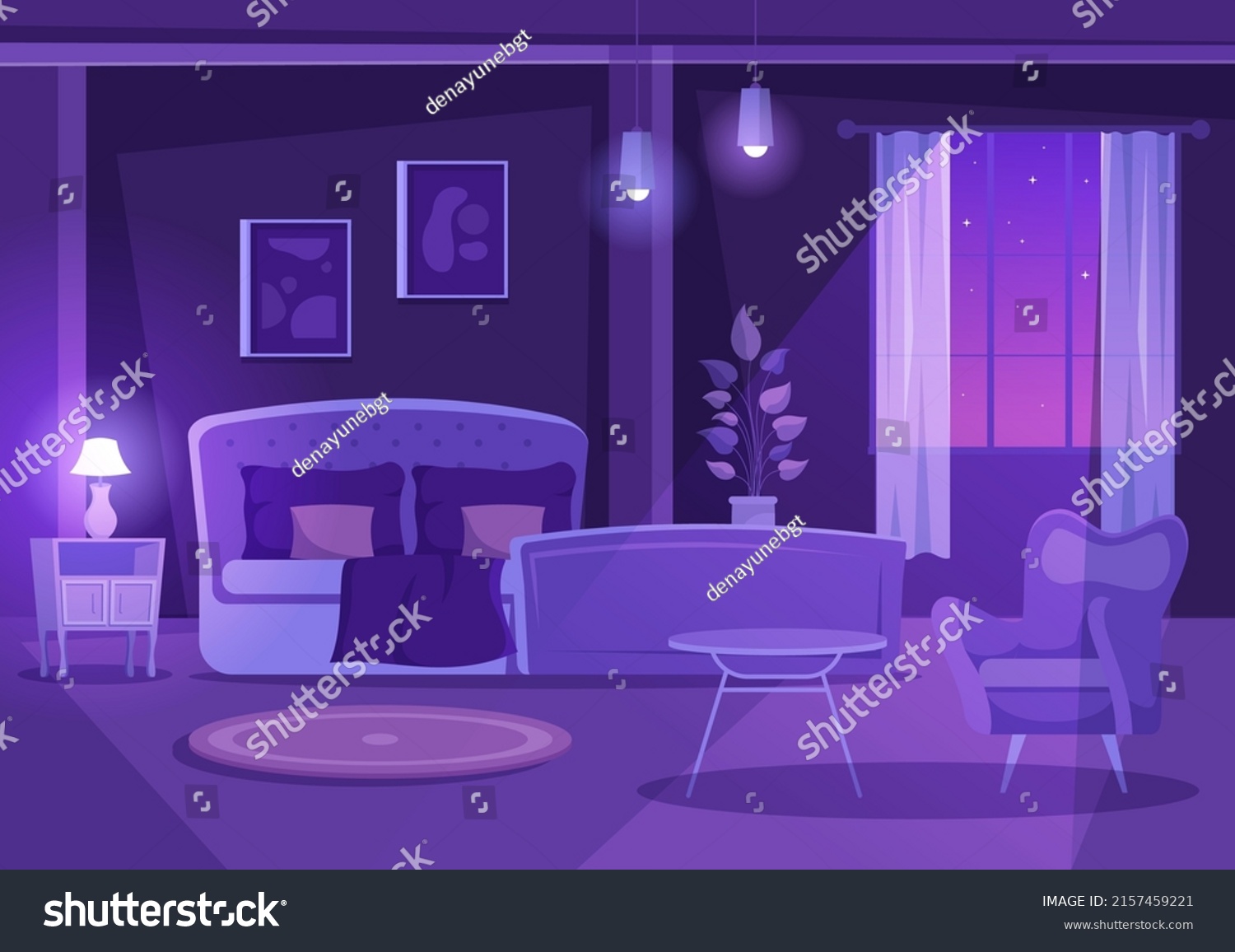 Night Cozy Bedroom Interior Furniture Like Stock Vector Royalty Free