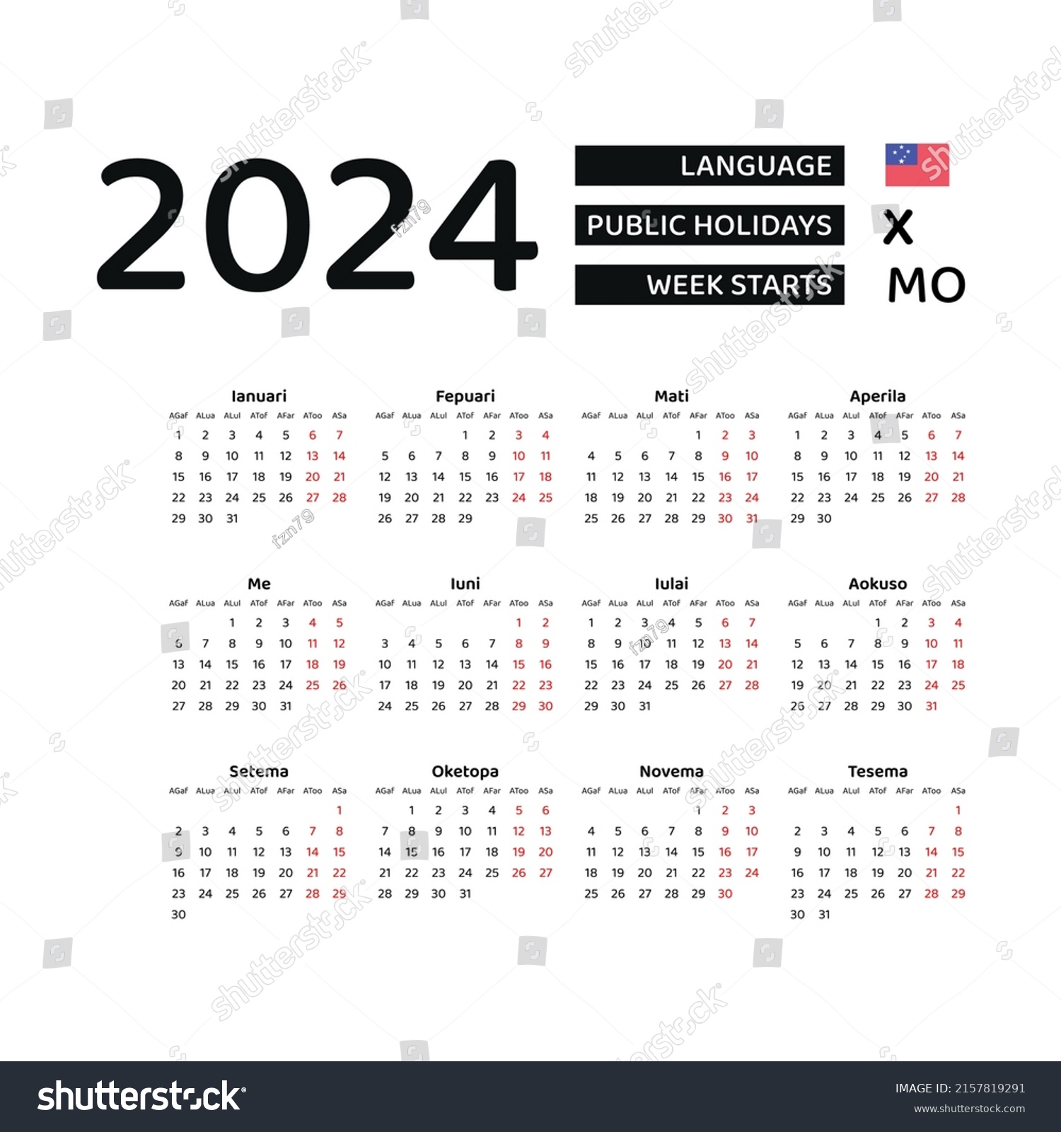 Calendar 2024 Samoan Language Samoa Public Stock Vector Royalty Free   Stock Vector Calendar Samoan Language With Samoa Public Holidays Week Starts From Monday Graphic Design 2157819291 