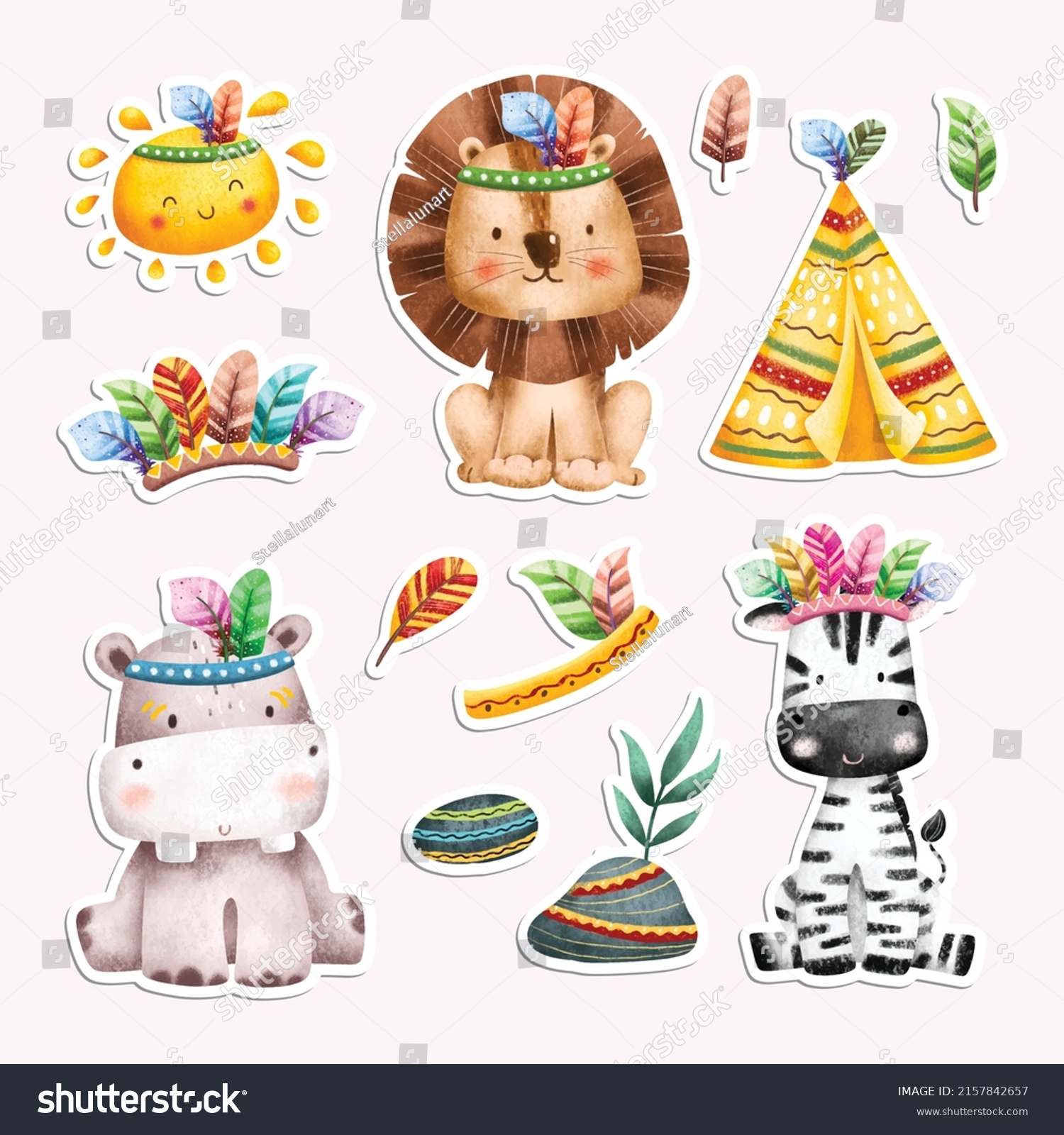 Watercolor Tribal Safari Animals Sticker Stock Vector (Royalty Free ...