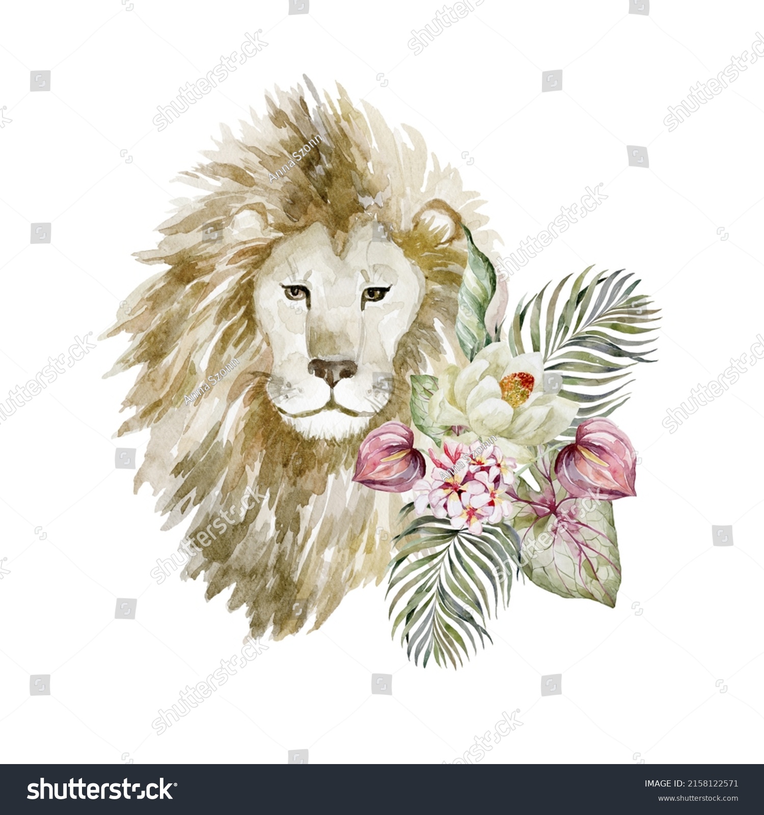 Head Lion Flowers On White Background Stock Illustration 2158122571 ...