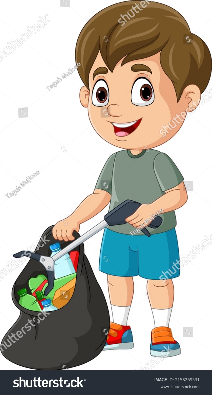 Cartoon Boy Collecting Plastic Garbage Litter Stock Vector (Royalty ...