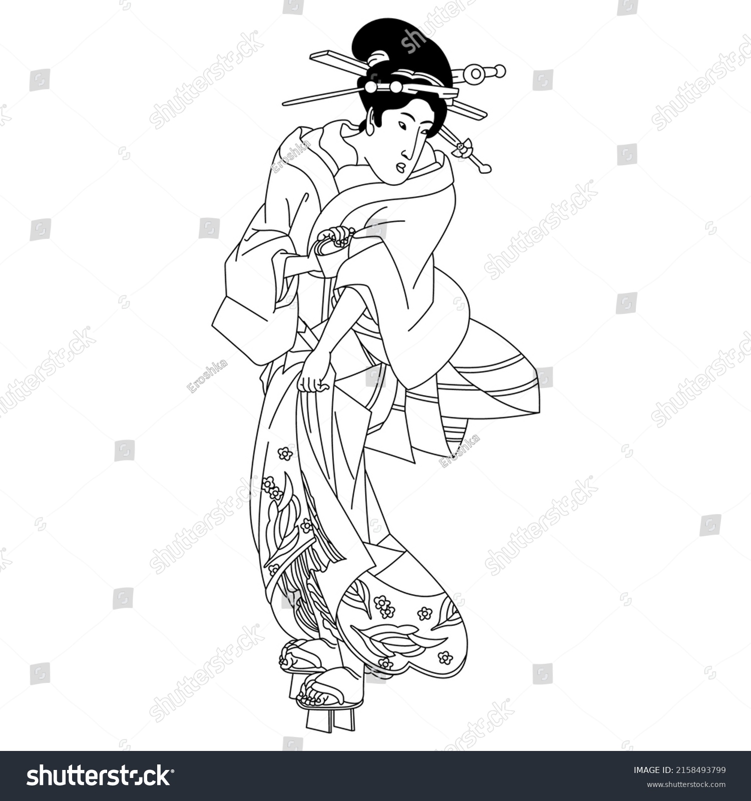 Standing Japanese Woman Kimono Black White Stock Vector (Royalty Free ...