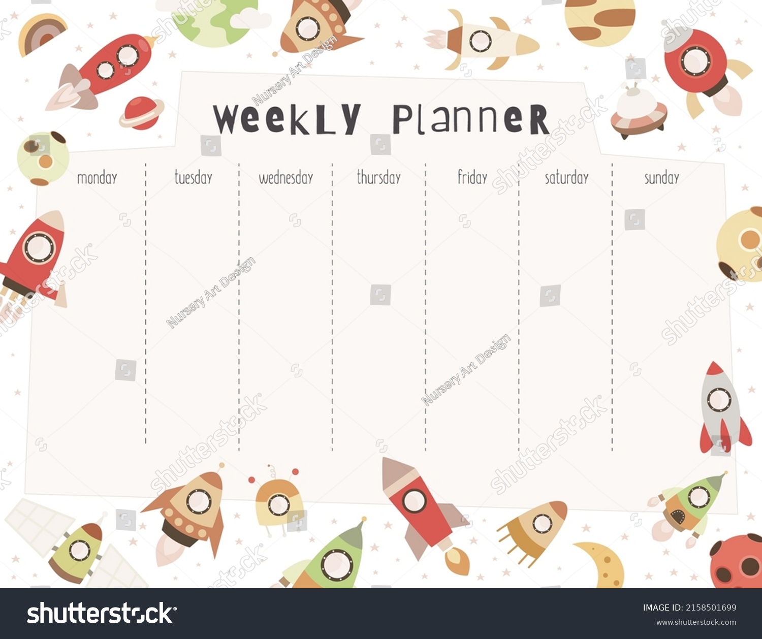 Space Weekly Planner Spaceship Ufo Rockets Stock Vector (Royalty Free ...