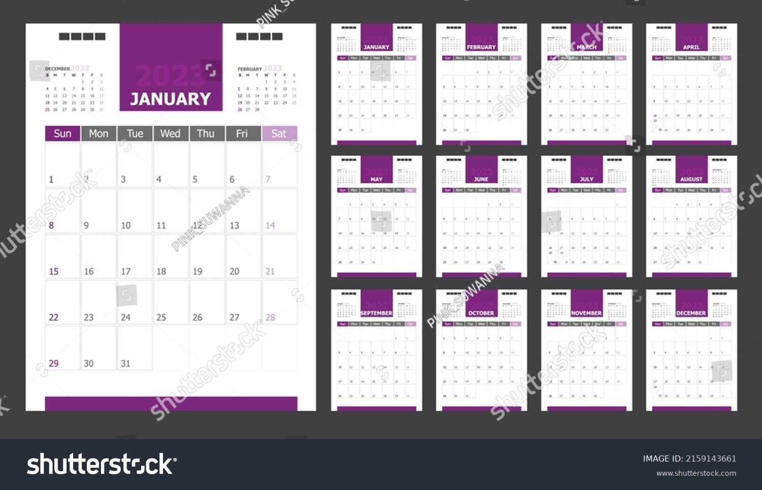 Calendar 2023 Purple Background Stock Vector (Royalty Free) 2159143661 ...