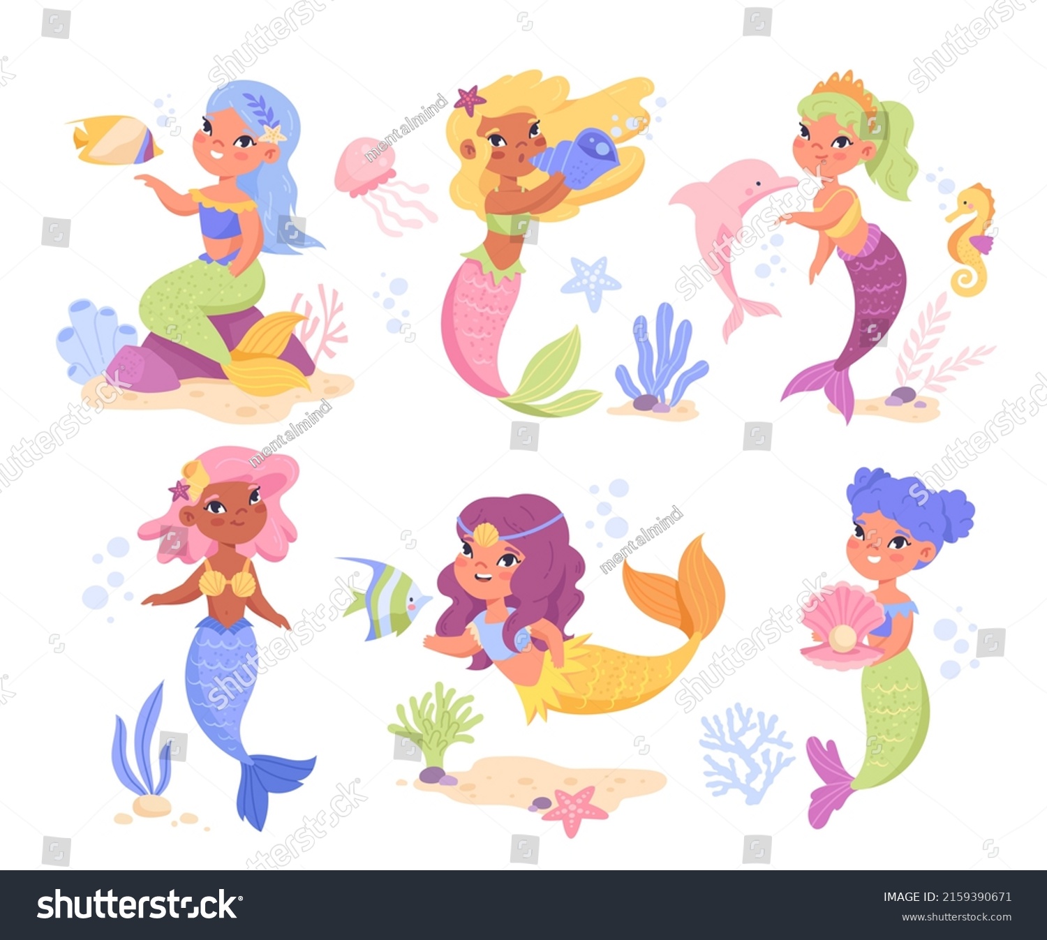 Set Cute Mermaid Princess Beautiful Magical Stock Vector (Royalty Free ...