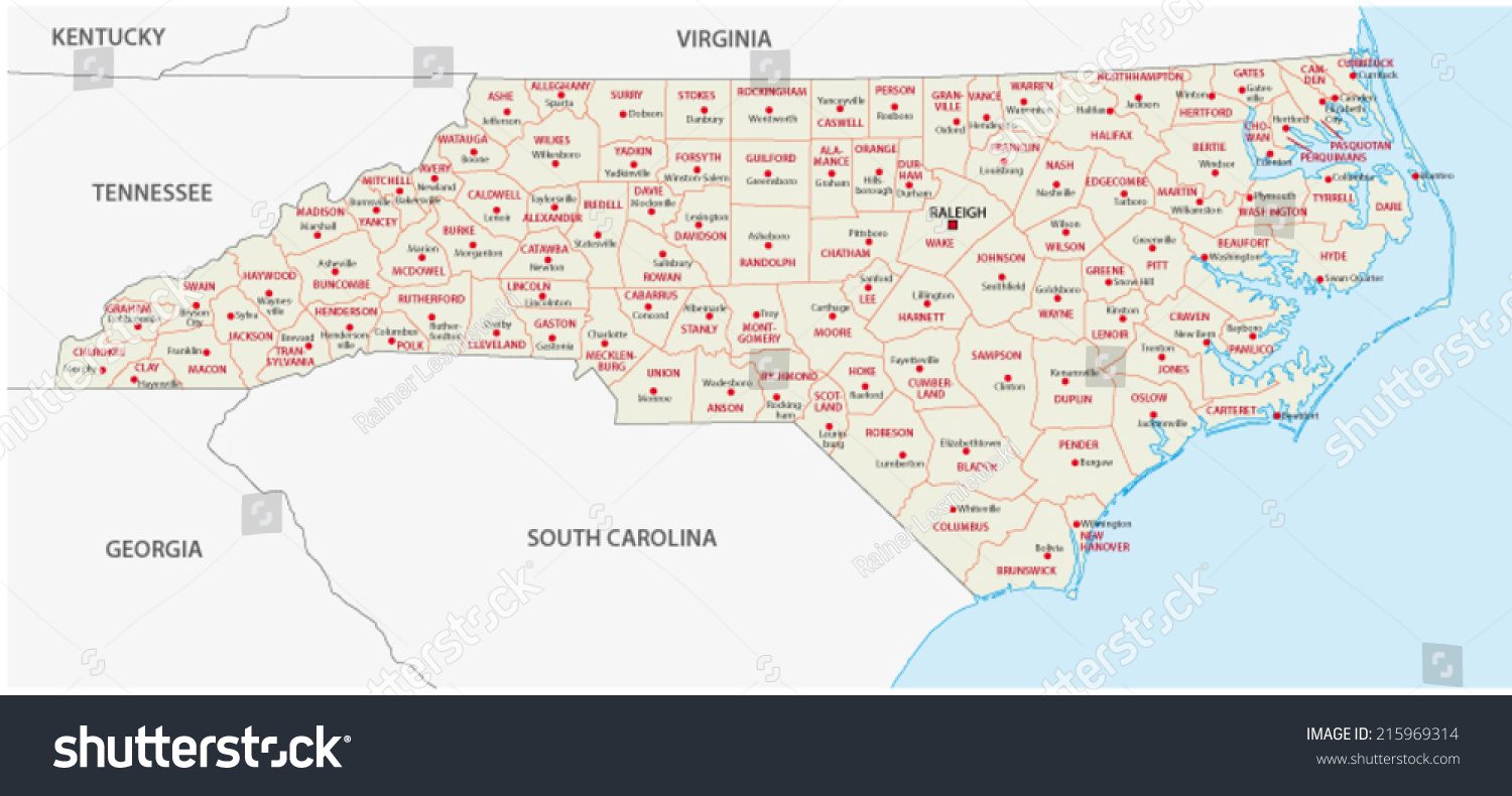 North Carolina Administrative Map Stock Vector (Royalty Free) 215969314 ...