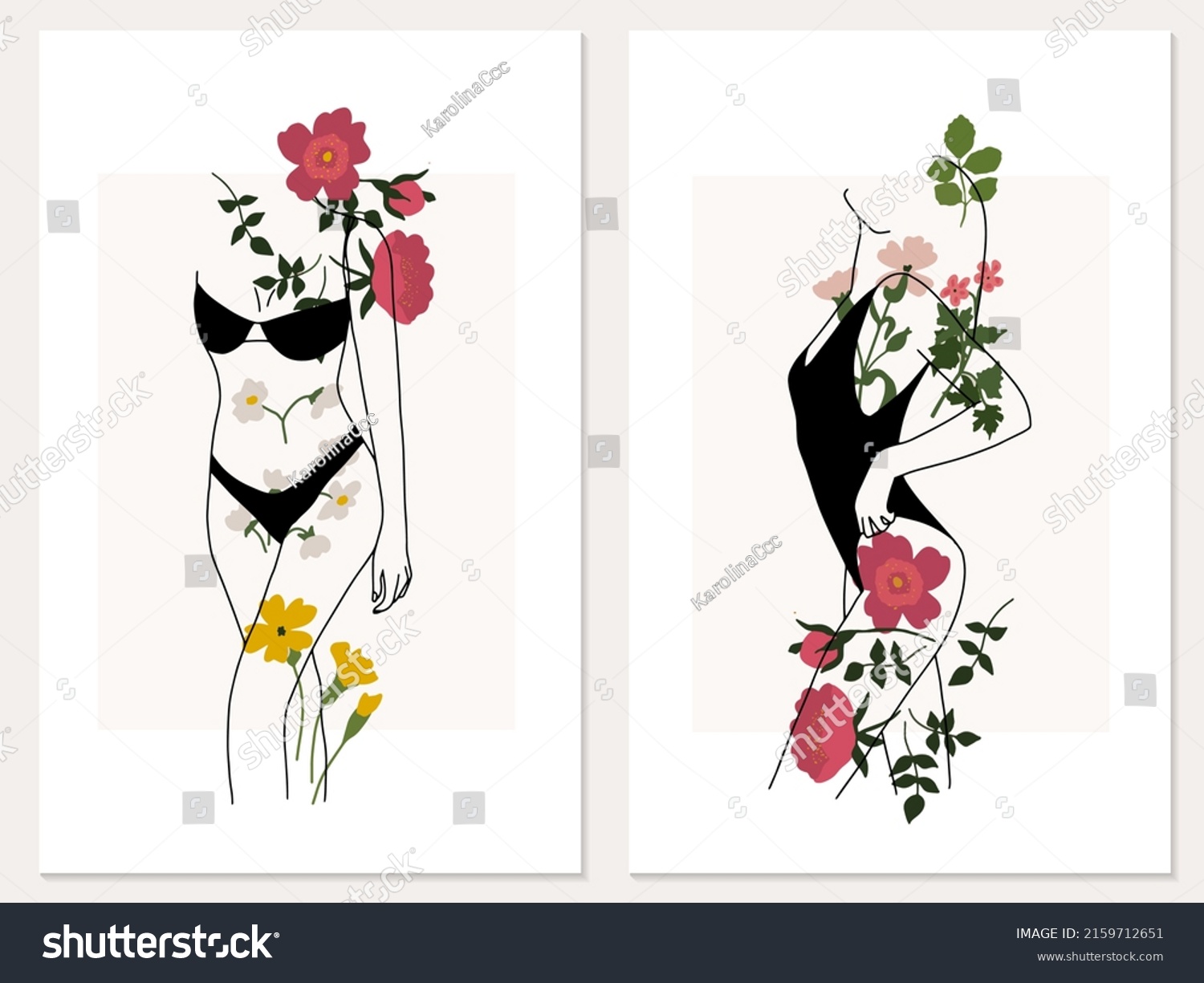 Continuous Line Art Woman Sexy Silhouette With Abstract Colorful Small Flowers