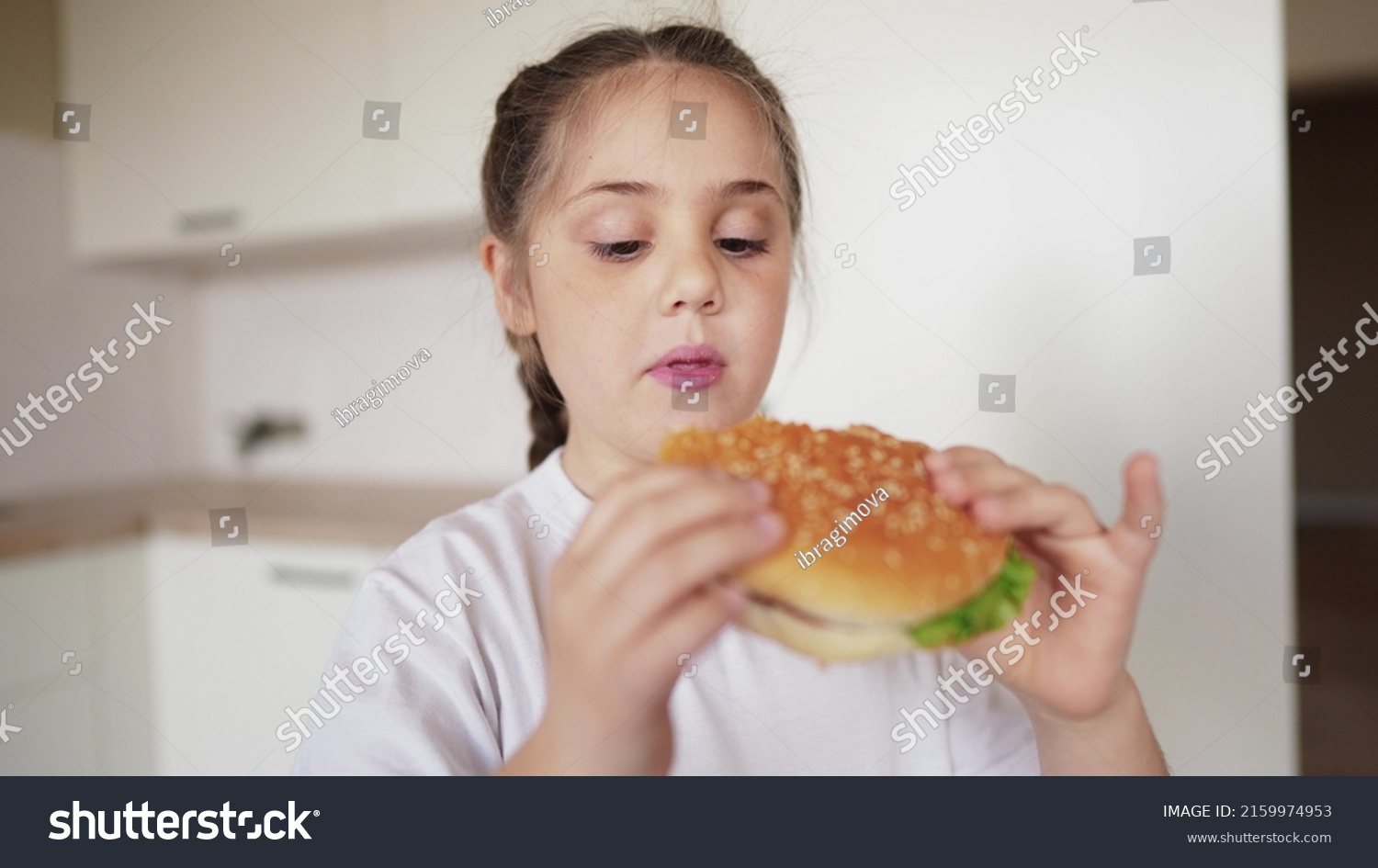 Little Girl Eating Hamburger Unhealthy Fast Stock Photo 2159974953 