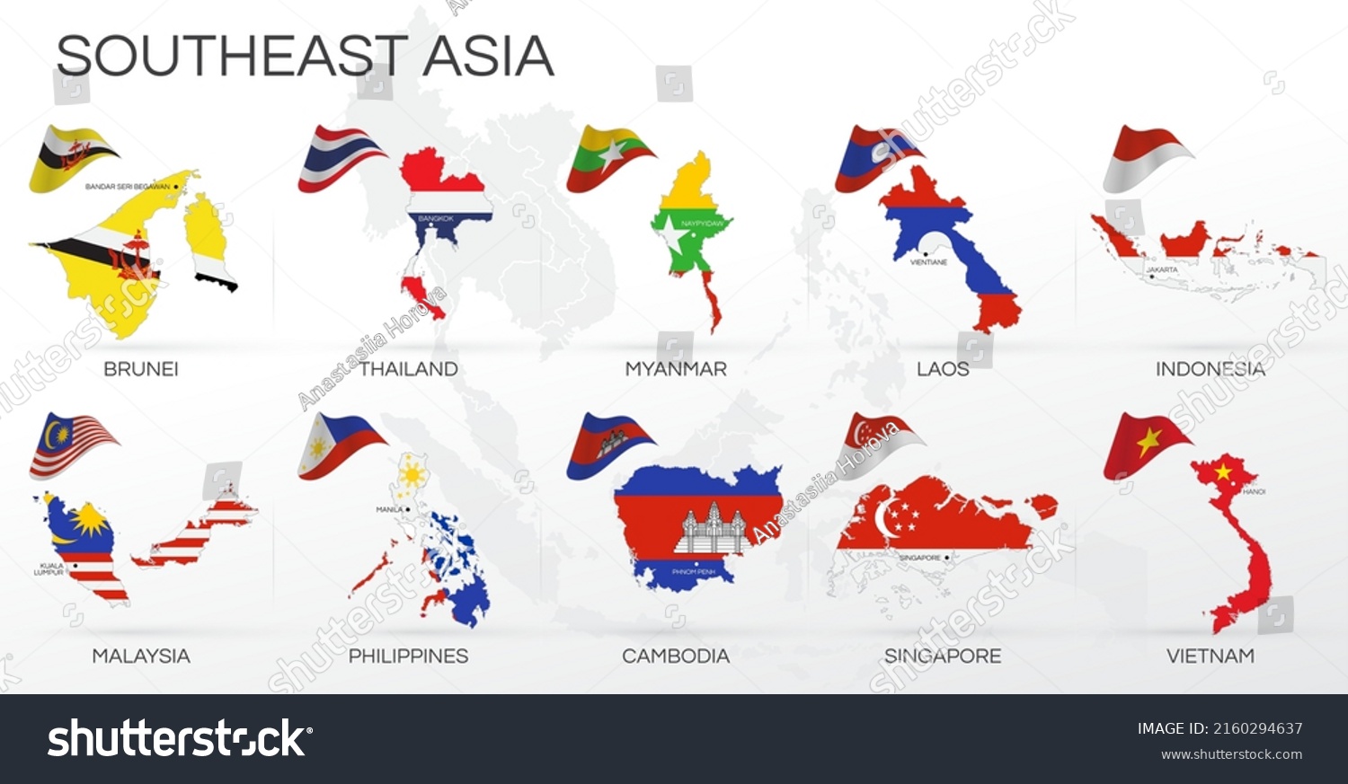 Stock Vector Southeast Asia Map And National Flag Emblem Infographic Global Business Marketing Asean Capital 2160294637 