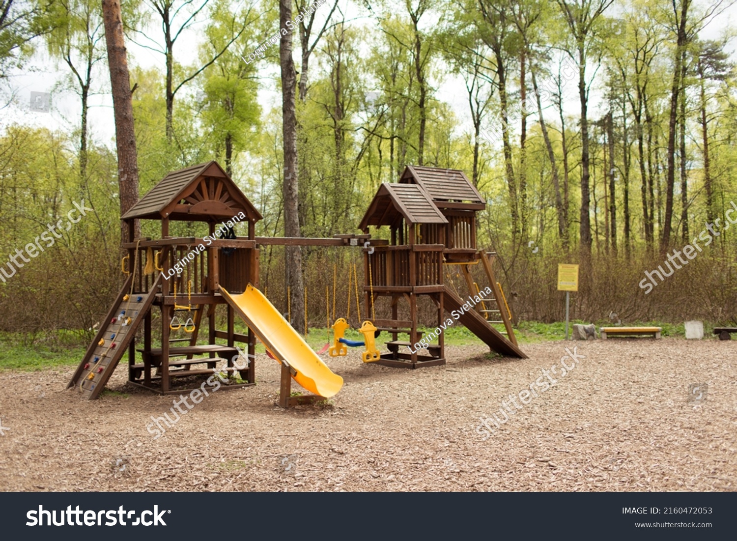 Empty Playground Park Stairs Yellow Slides Stock Photo 2160472053