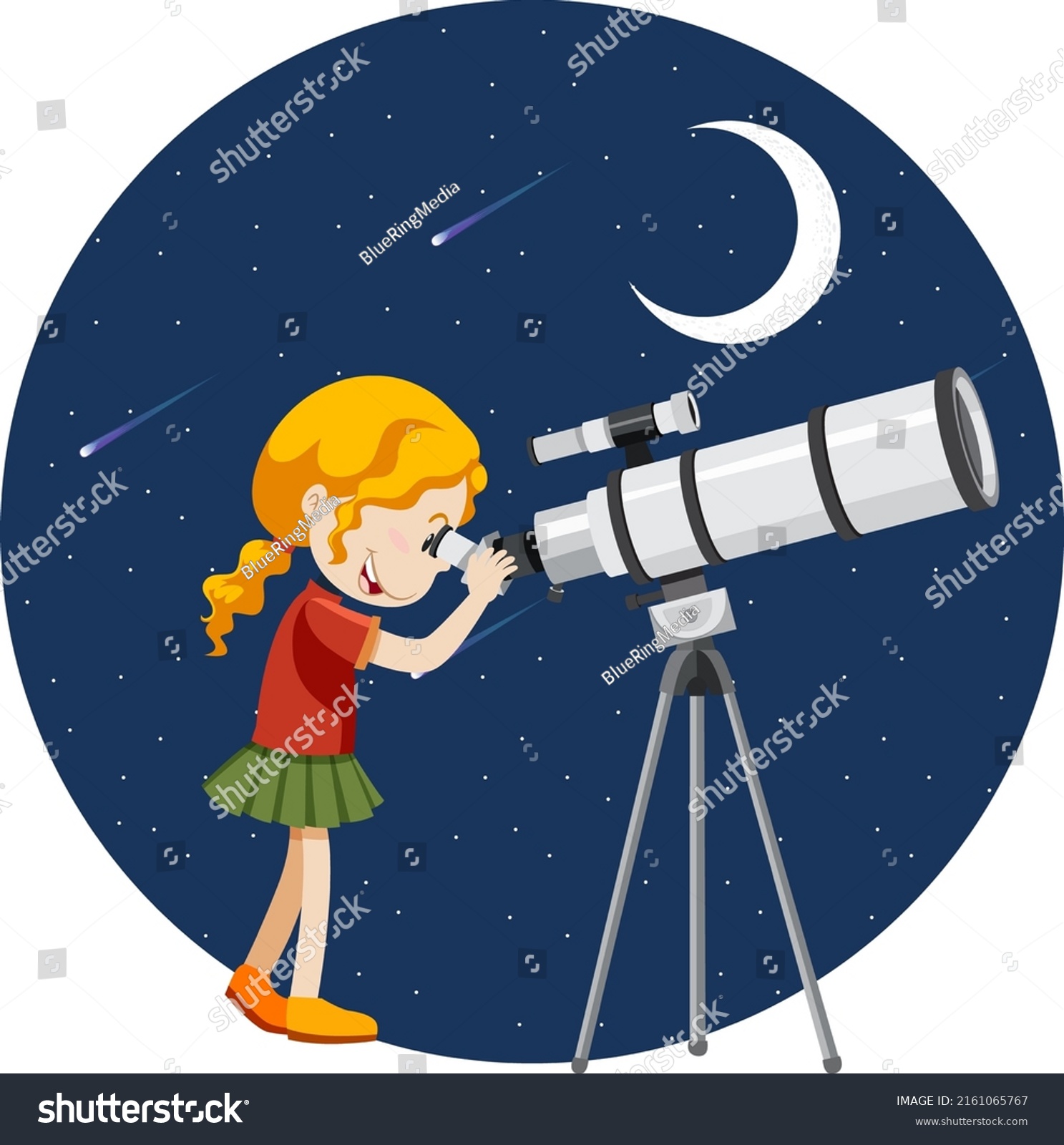 Girl Looking Through Telescope Night Illustration Stock Vector Royalty Free 2161065767