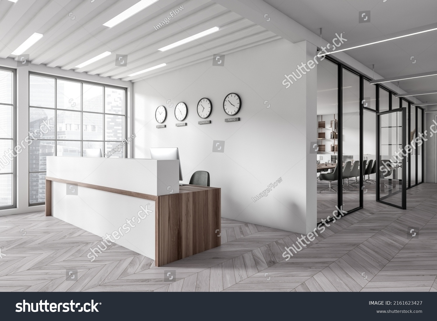 White Office Interior Reception Pc Desktop Stock Illustration ...