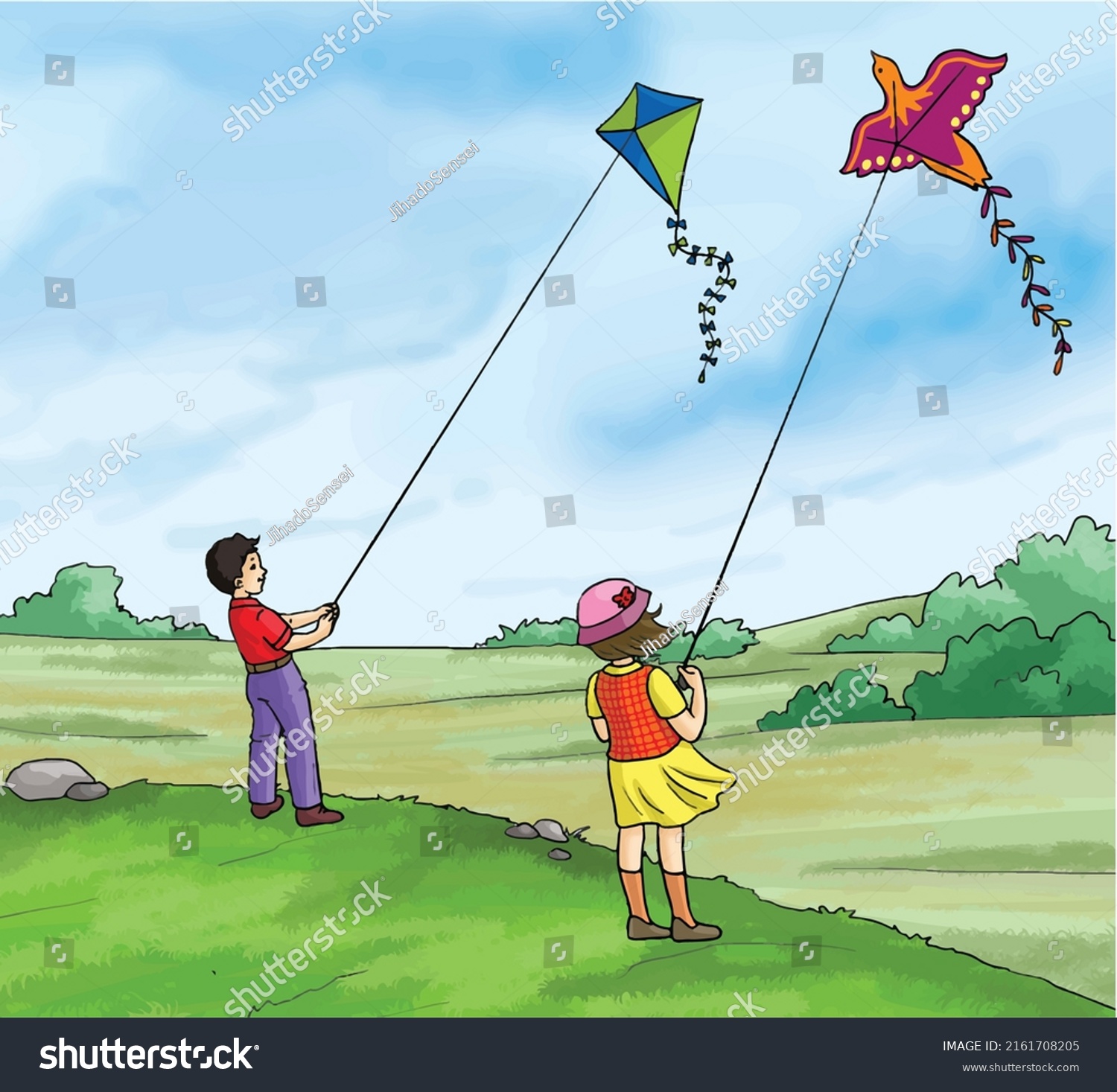 Boy Girl Flying Kite Windy Weather Stock Vector Royalty Free boy-girl-flying-kite-windy-weather-stock-vector-royalty-free
