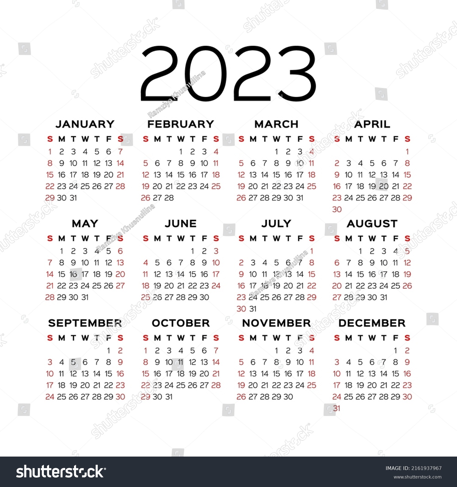 Calendar Basis 2023 Week Starts On Stock Vector (Royalty Free