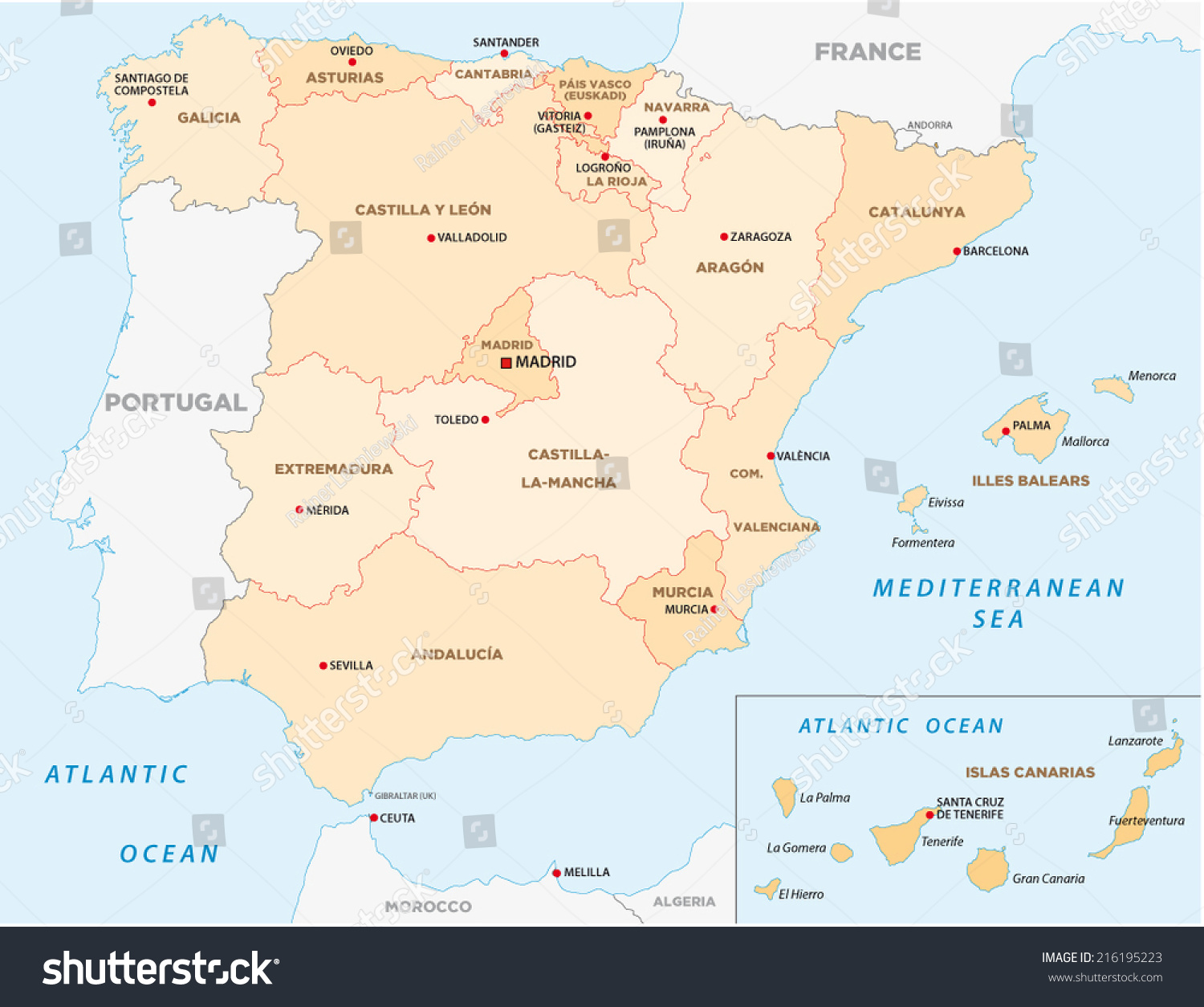 Spain Administrative Map Stock Vector (Royalty Free) 216195223 ...