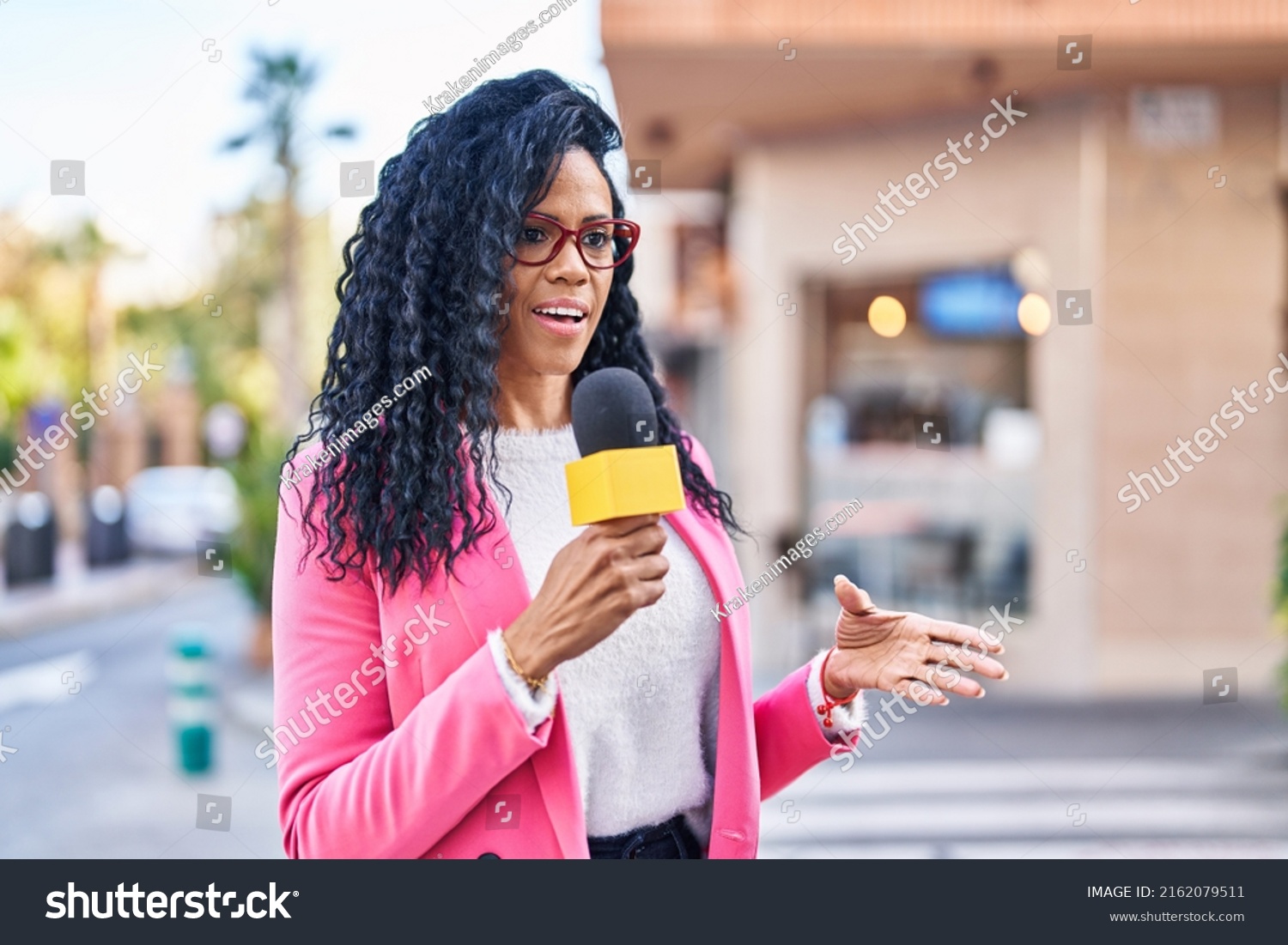 African American Woman Reporter Working Using Stock Photo 2162079511 ...