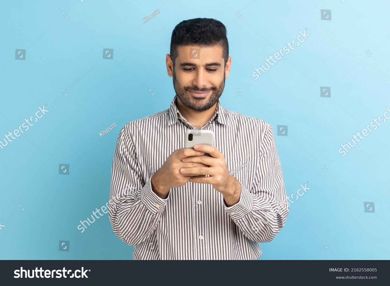 Portrait Cheerful Businessman Using Cellphone Smiling Stock Photo ...