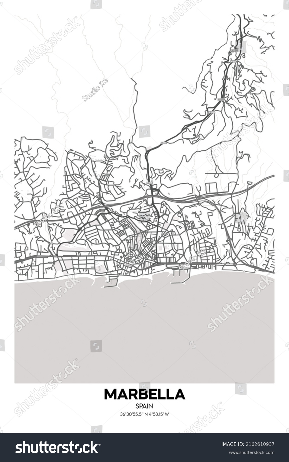 Poster Marbella Spain Map Illustration Marbella Stock Illustration   Stock Photo Poster Marbella Spain Map Illustration Of Marbella Spain Streets Road Map Transportation 2162610937 