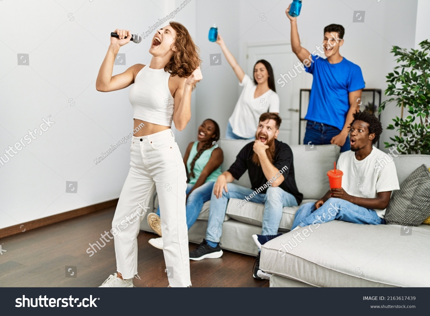 Group Young Friends Having Party Singing Stock Photo 2163617439 ...